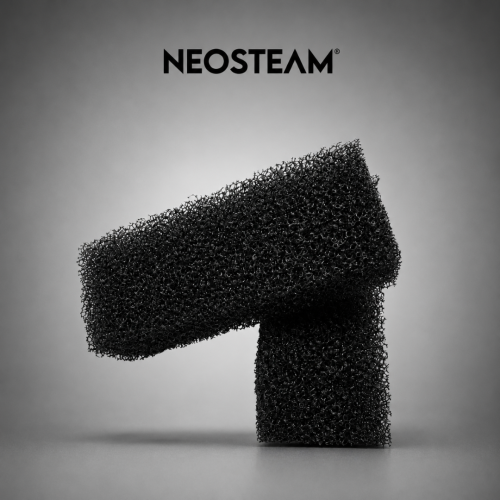 68 1 - NeoSteam NEOSTEAM logo above a textured black porous block shaped like an arrow on a gray studio background.