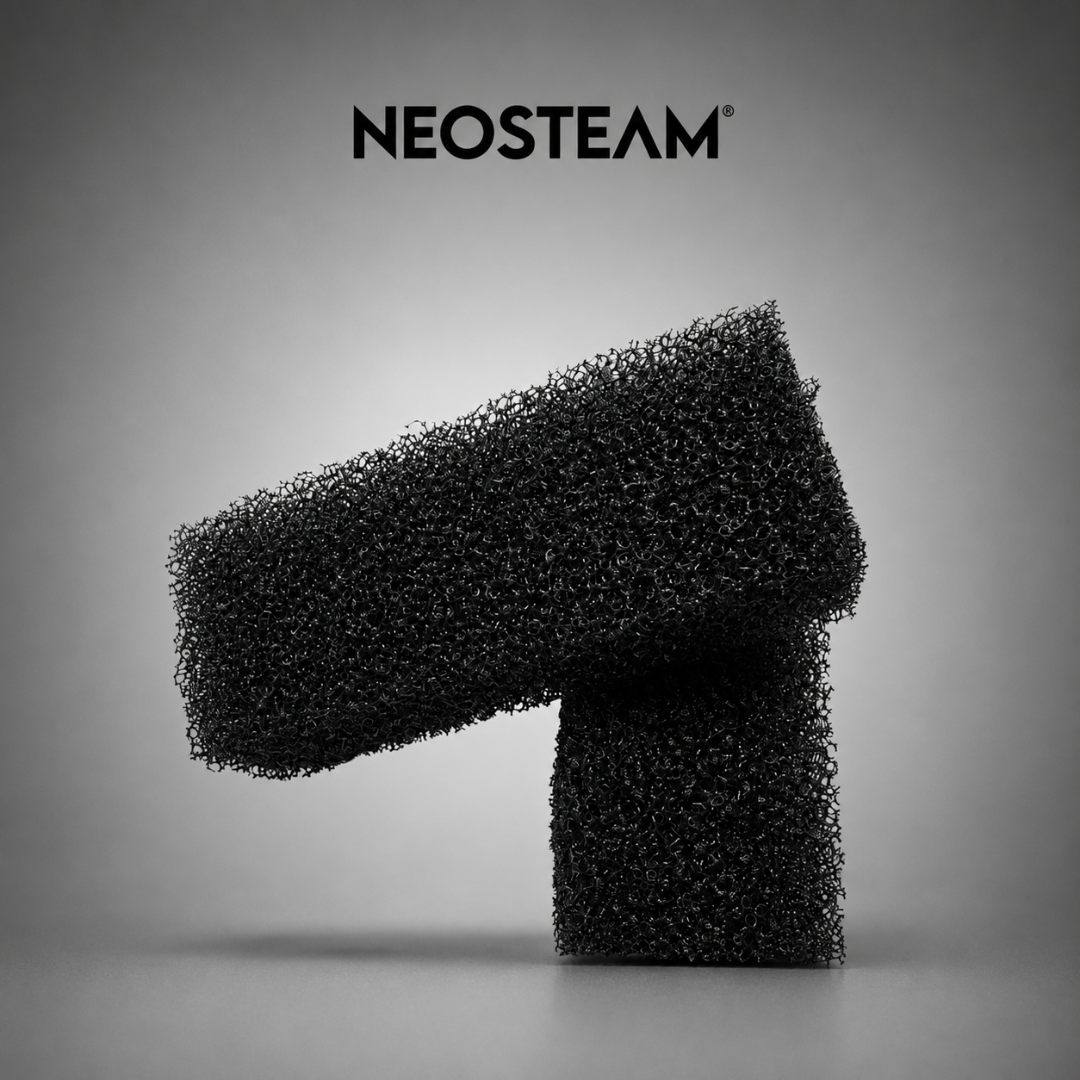 68 1 - NeoSteam NEOSTEAM logo above a textured black porous block shaped like an arrow on a gray studio background.
