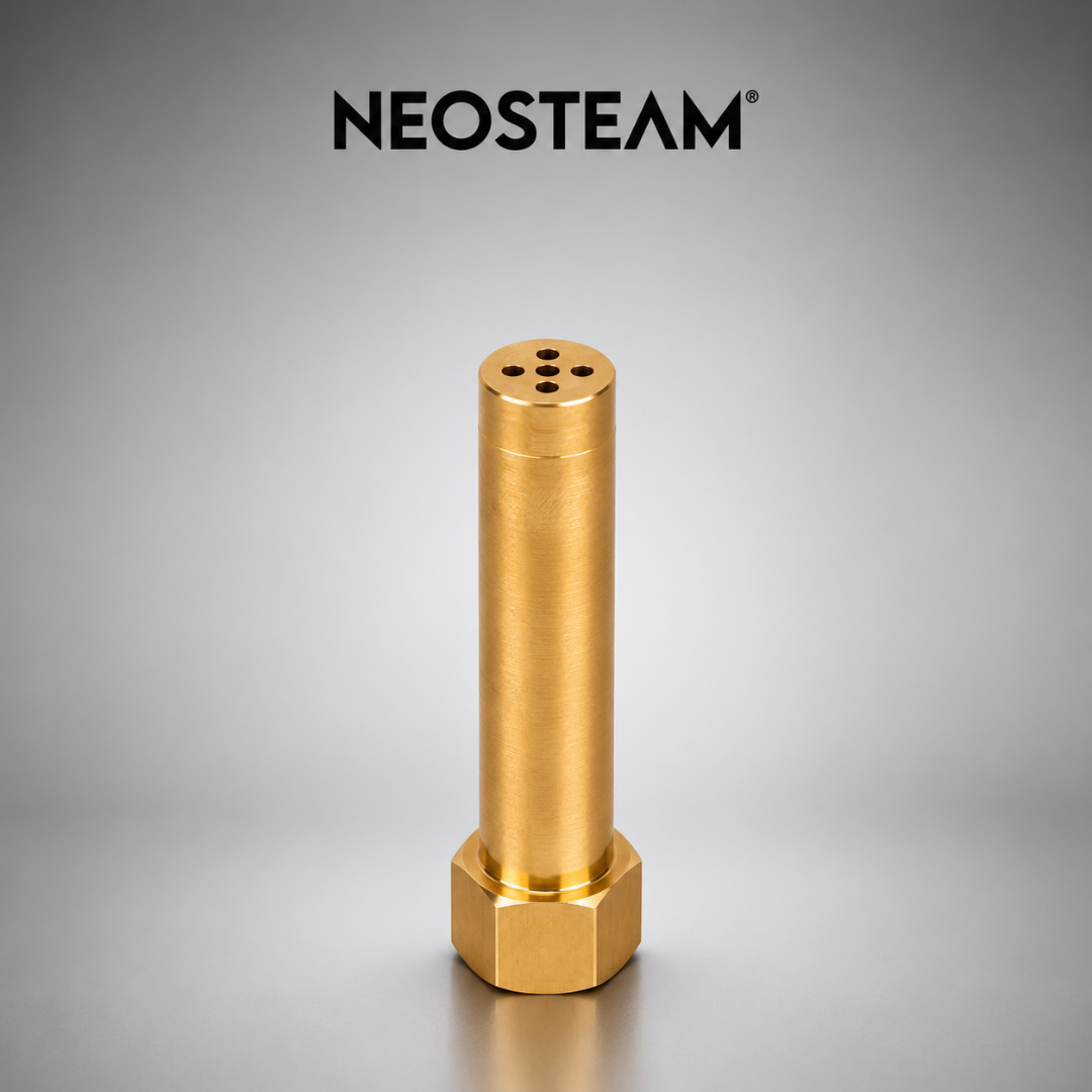 8 1 - NeoSteam Gold-colored brass cylinder with a threaded hexagonal base, top features four small holes arranged in a square pattern—likely a precision nozzle or pin vise component.