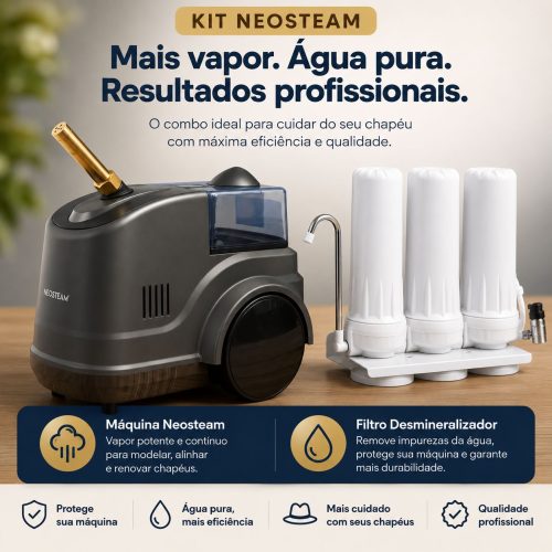 WhatsApp Image 2026-06-30 at 155712 - NeoSteam Máquina Neosteam cinza ao lado de três filtros brancos, em bancada de madeira, com texto promocional ao fundo.