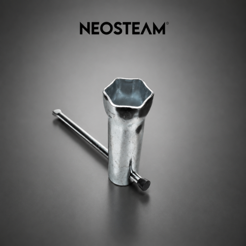 16 1 - NeoSteam Chrome-plated metal tool with a hollow hexagonal opening, a long rod extending to the side, and a small perpendicular lever, on a gray background with NEOSTEAM logo above