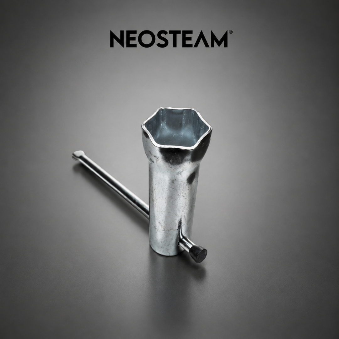 16 1 - NeoSteam Chrome-plated metal tool with a hollow hexagonal opening, a long rod extending to the side, and a small perpendicular lever, on a gray background with NEOSTEAM logo above