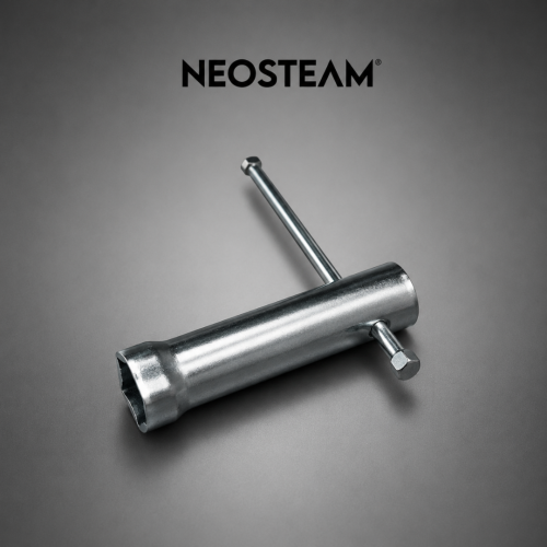 21 1 - NeoSteam Cylindrical metal socket tool with a long pin and a hex bolt on a gray surface, NEOSTEAM branding above