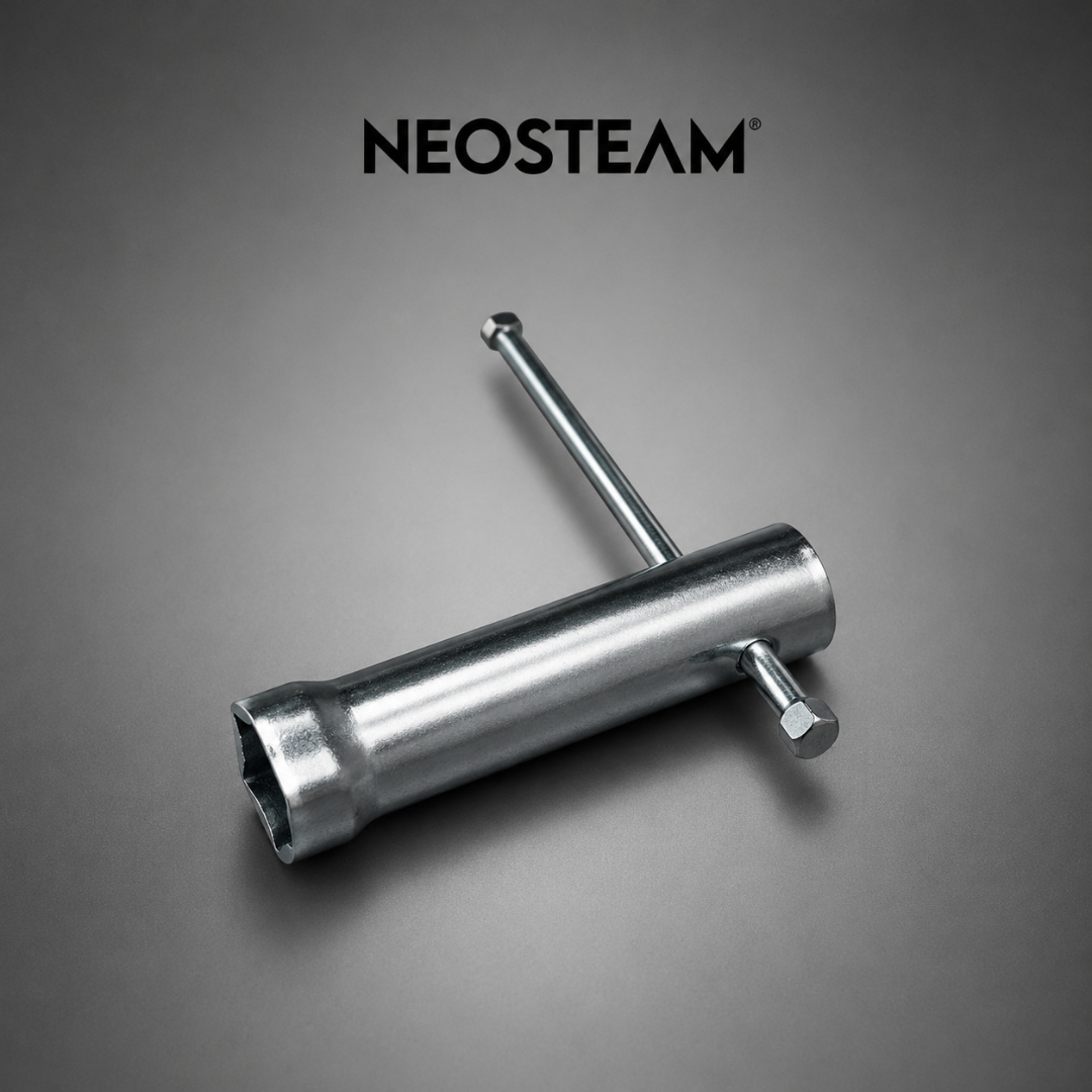 21 1 - NeoSteam Cylindrical metal socket tool with a long pin and a hex bolt on a gray surface, NEOSTEAM branding above