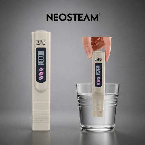 Neosteam TDS-3 TDS/TEMP water tester with stand-alone unit beside a glass; one unit is being used to measure water in a glass by immersion. (informative)