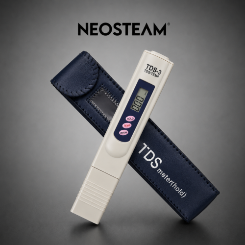 Brand-name product shot: a handheld TDS/temperature meter resting on a blue leather case labeled 'TDS meter (hold)'.