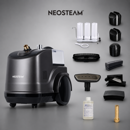 Neosteam steam cleaner with attachments and cleaning solution on a gray background, brand visible.