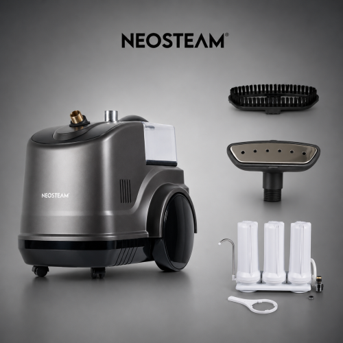 Neosteam steam cleaner with its main unit and accessory kit (brush head, filters, and connectors) laid out nearby.