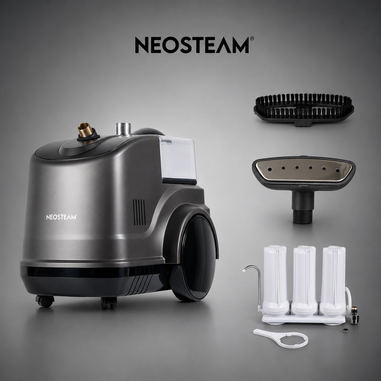 roupas_filtrodesminera - NeoSteam Neosteam steam cleaner with its main unit and accessory kit (brush head, filters, and connectors) laid out nearby.