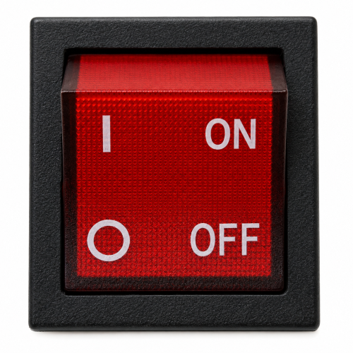 Close-up of a red power switch showing the ON position (I ON) with a black frame surrounding a textured red panel.