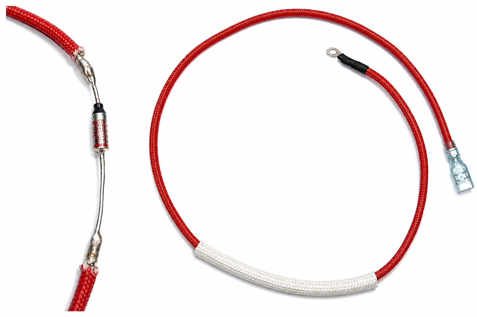 99f39e68-2ef5-420c-a3fd-7525cbf0b97b - NeoSteam Red braided electrical cable with an inline fuse, showing ring terminal on one end and crimped connectors on the other, arranged in a loose loop.