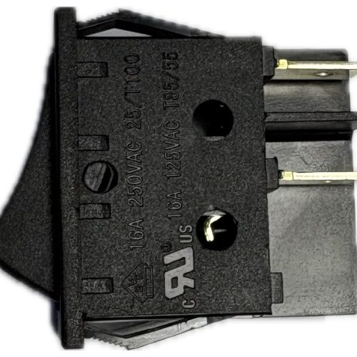 Close-up of a black single-pole electrical circuit breaker with metal terminal prongs on the right side.