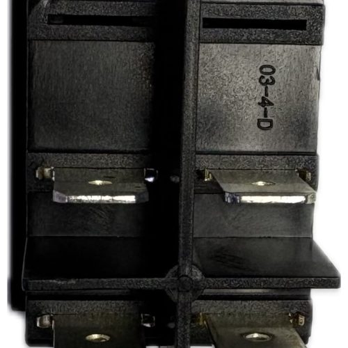 Double-pole circuit breaker with labeled side, black plastic housing and tie bar in the center