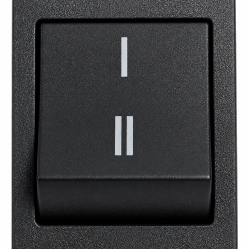 Black, square two-gang light switch plate with a single rocker showing positions I and II.