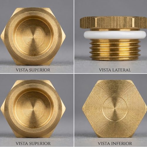 watermarked_img_1574868242290943700 - NeoSteam Collage showing four close-ups of a brass hex nut with external threads and a white gasket, viewed from top, side, bottom, and opposite top angle (labeled vistas: superior, lateral, inferior).