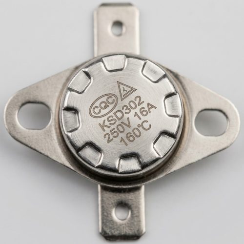 watermarked_img_6137718486359336559 - NeoSteam Close-up of a silver KSD302 thermal cutoff with mounting tabs, labeled 250V 16A 160°C.